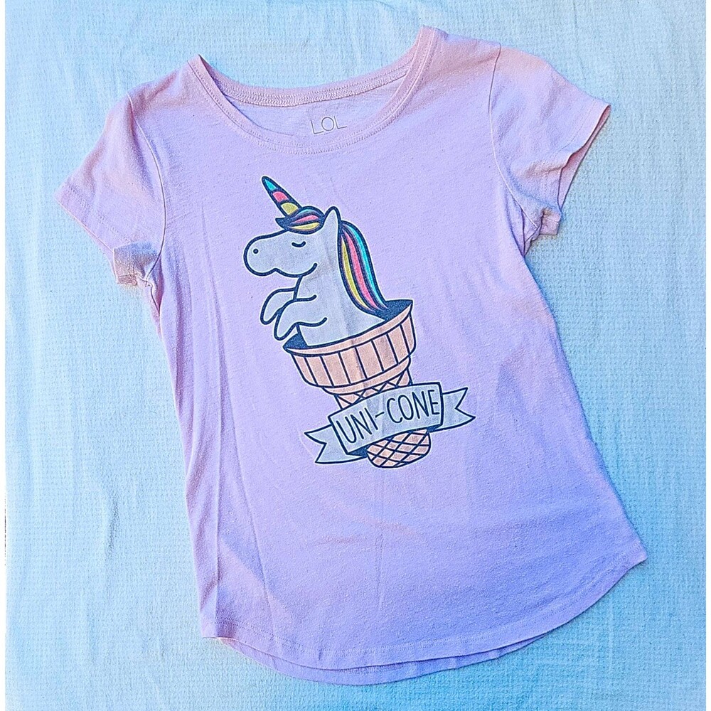 LOL Vintage Girls L Light Pink "UNI-CONE" Unicorn Graphic Tee Short Sleeve Crew